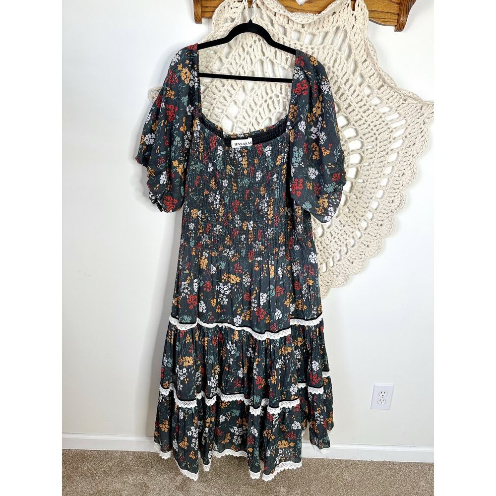 JessaKae Midnight Garden Cotton Floral Puff Sleeve Tiered Dress Size 5X